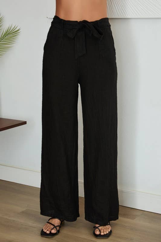 BOW TIE WIDE LEG LINEN PANTS WITH POCKETS