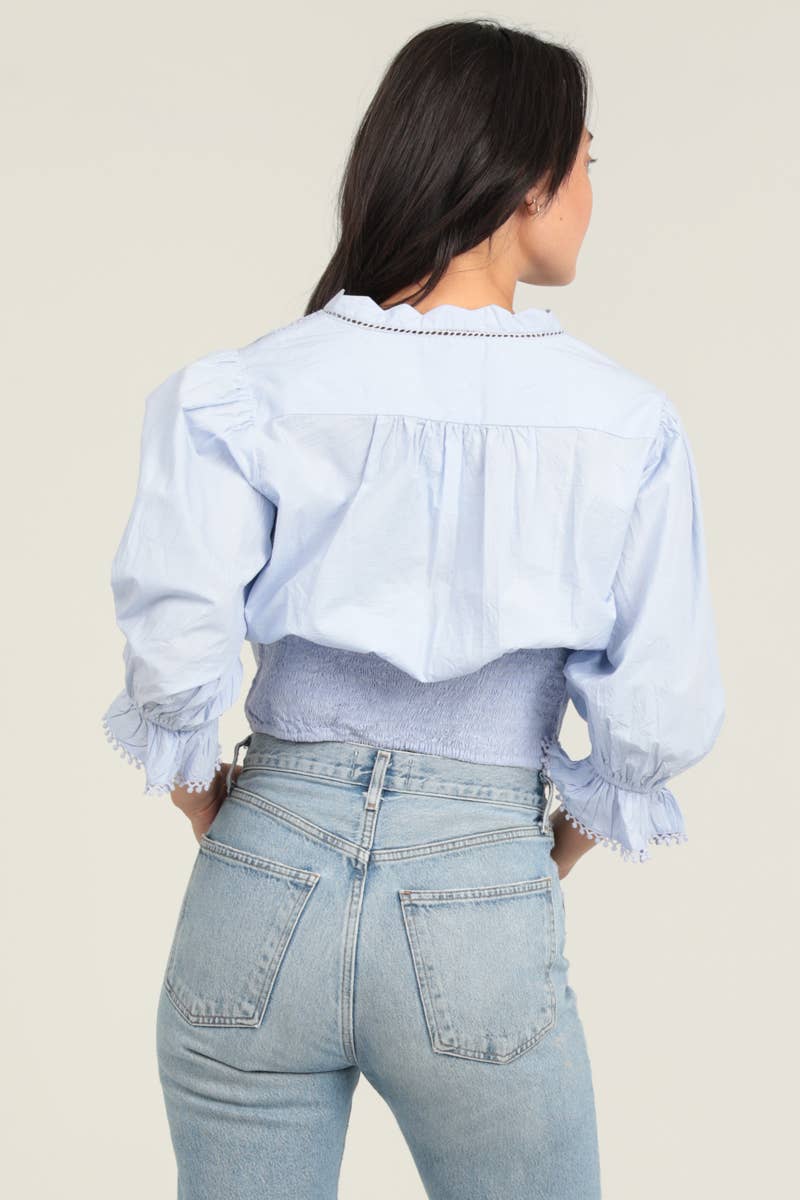 Light blue eyelet embroidered blouse with button front, puffed long sleeves, and ruffled cuffs, shown from the back on a.