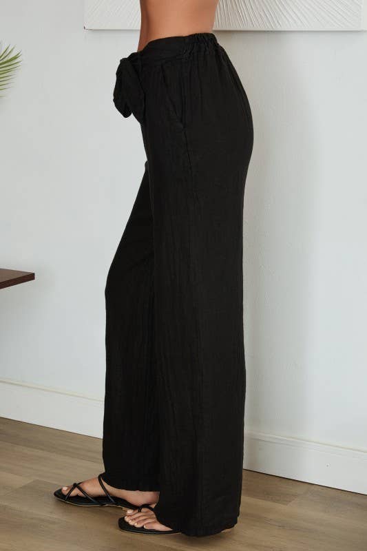 BOW TIE WIDE LEG LINEN PANTS WITH POCKETS