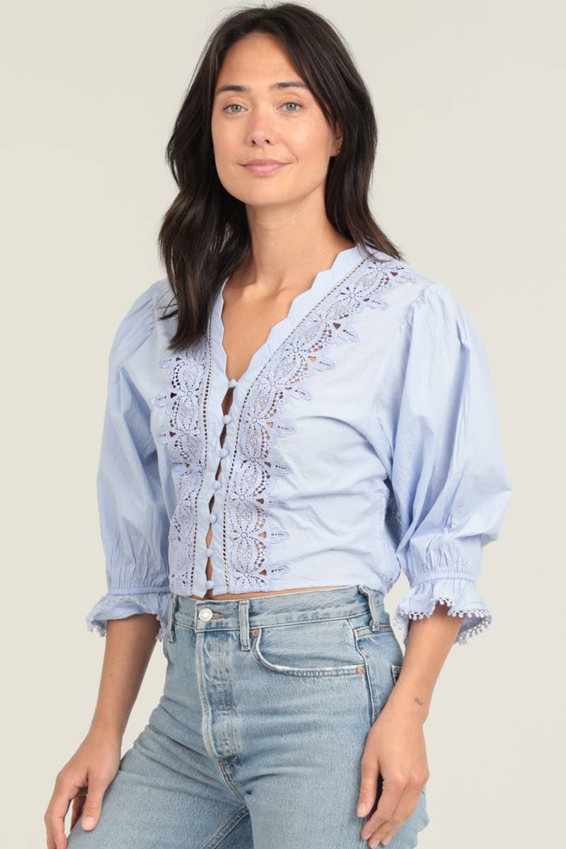 Light blue eyelet embroidered blouse with button-front and lace trim, puffed 3/4 sleeves, and ruffled cuffs, worn tucked.