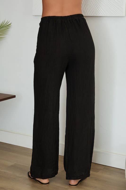 BOW TIE WIDE LEG LINEN PANTS WITH POCKETS
