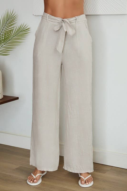 BOW TIE WIDE LEG LINEN PANTS WITH POCKETS