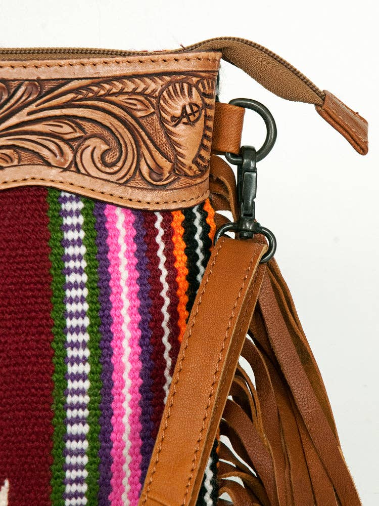 American Darling Crossbody Genuine Western Leather Women Bag with triabl patterns and fringes closeup to see leather etching pattern